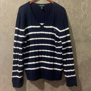 Ralph Lauren Navy/White Striped V-Neck Seeater - size XL